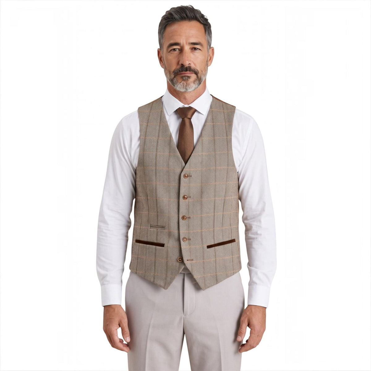 Mens Stone Suit with Harris Brown Tweed Waistcoat Wedding Suit - Mayfair