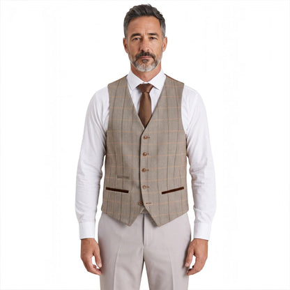 Mens Stone Suit with Harris Brown Tweed Waistcoat Wedding Suit - Mayfair