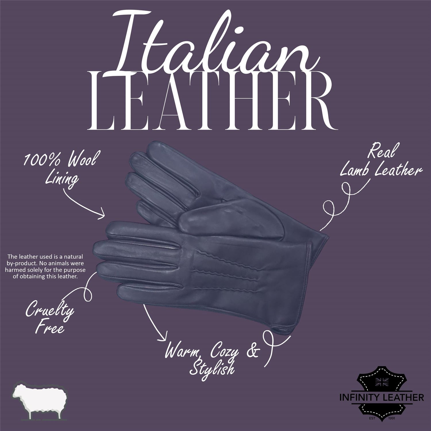 Womens Italian Leather Winter Stitch Line Design Soft Wool Lining Gloves