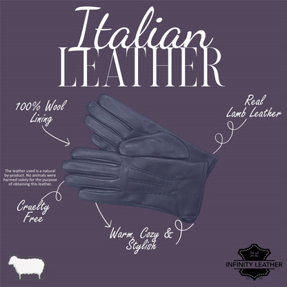 Womens Italian Leather Winter Stitch Line Design Soft Wool Lining Gloves