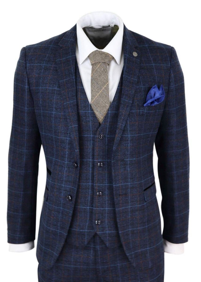 Mens 3 Piece Navy Blue Tweed Check Vintage Suit - Upperclass Fashions 