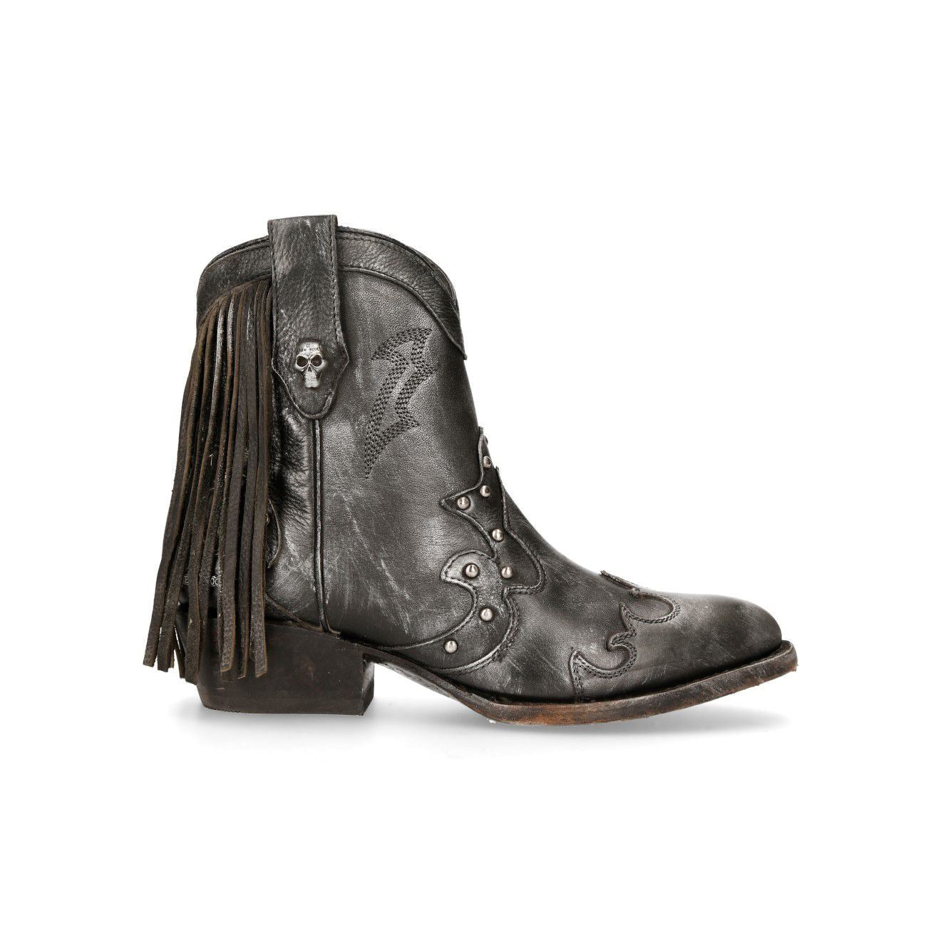 New Rock Grey Leather Fringed Pointed Cowboy Boots- WSTM003-S1