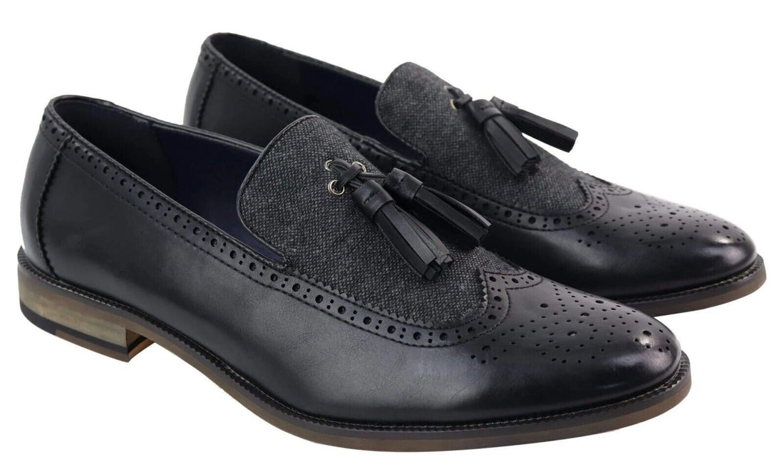 Mens Tasselled Black Leather Tweed Brogue Slip on Loafers - Upperclass Fashions 