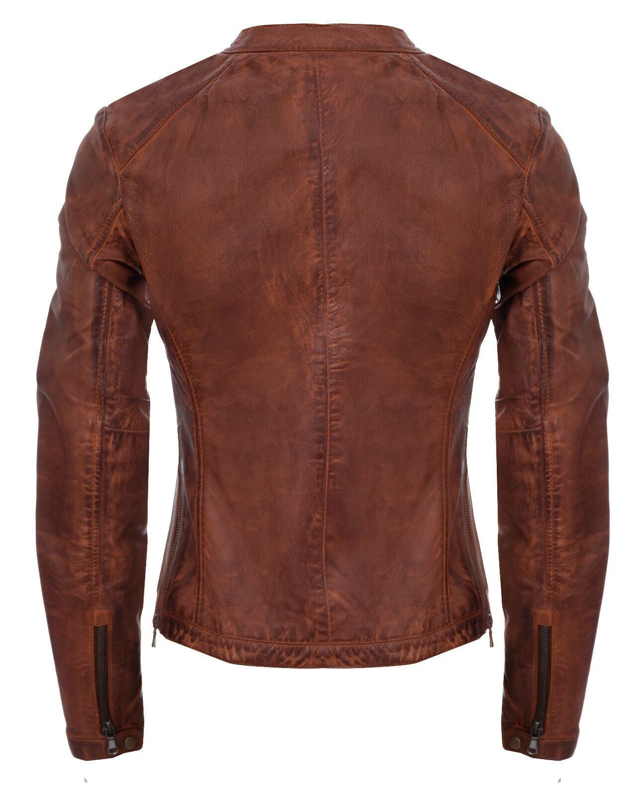 Womens Tan Vintage Leather Biker Jacket-Lydney - Upperclass Fashions 
