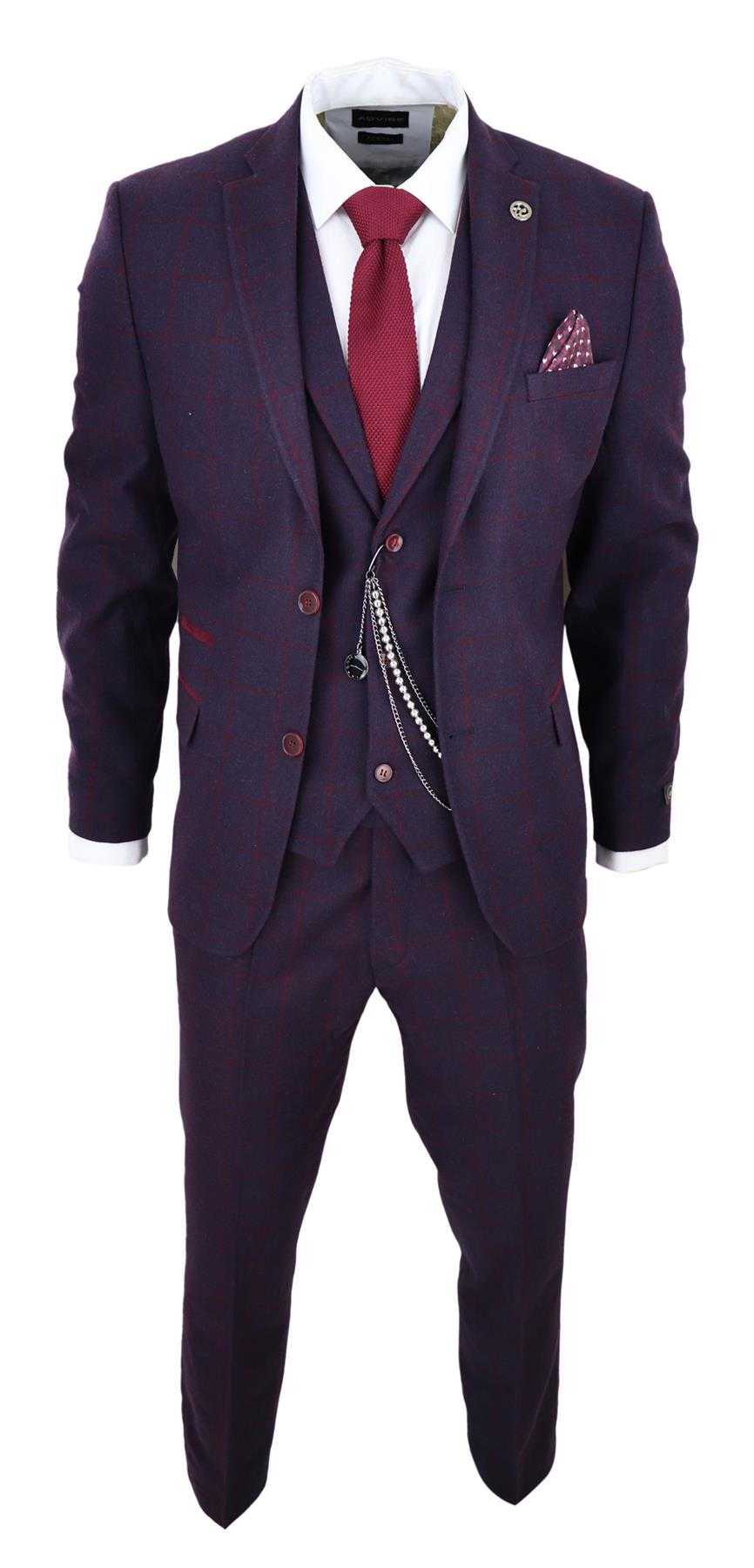 Mens 3 Piece Tweed Suit Plum Purple Check Peaky Blinders Classic 1920 Gatsby - Upperclass Fashions 