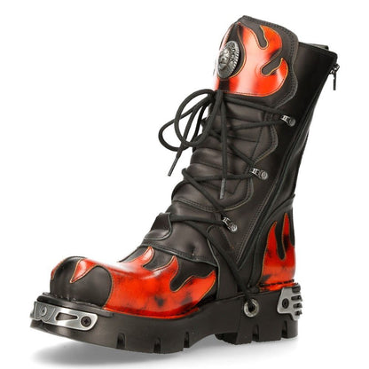 New Rock Flame Accented Black/Red Leather Boots- 591-S1