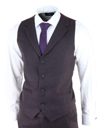 Mens Purple Plum 3 Piece Tweed Herringbone Suit Peaky Blinders Classic Tailored - Upperclass Fashions 