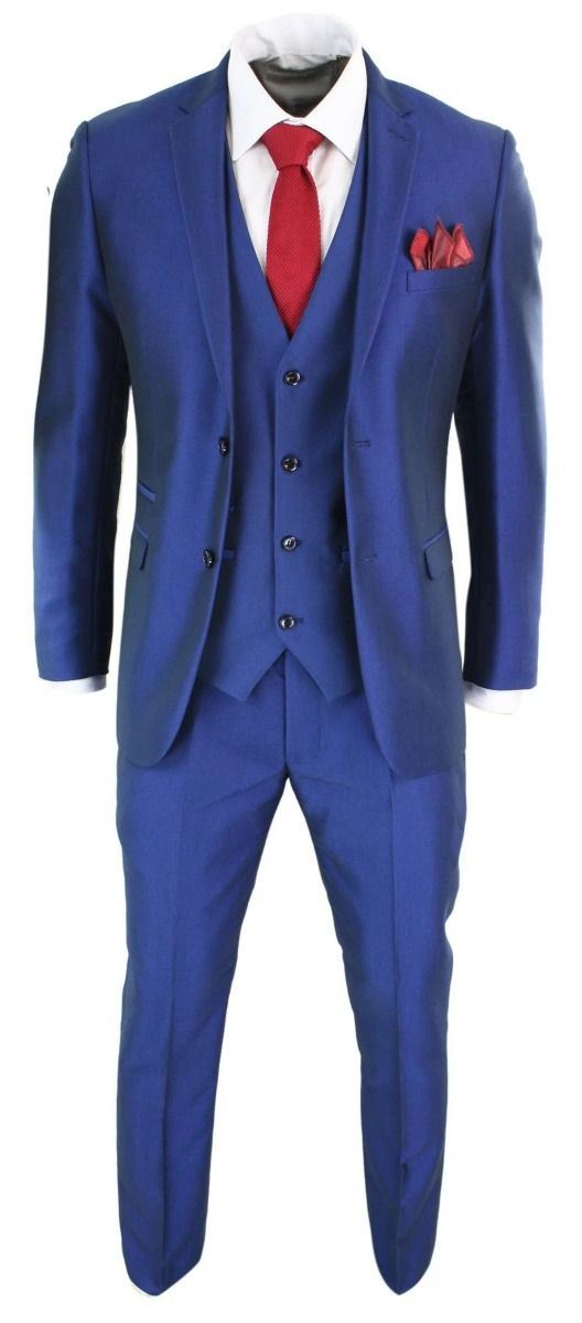 Mens 3 Piece Shiny Royal Blue Classic Suit - Upperclass Fashions 