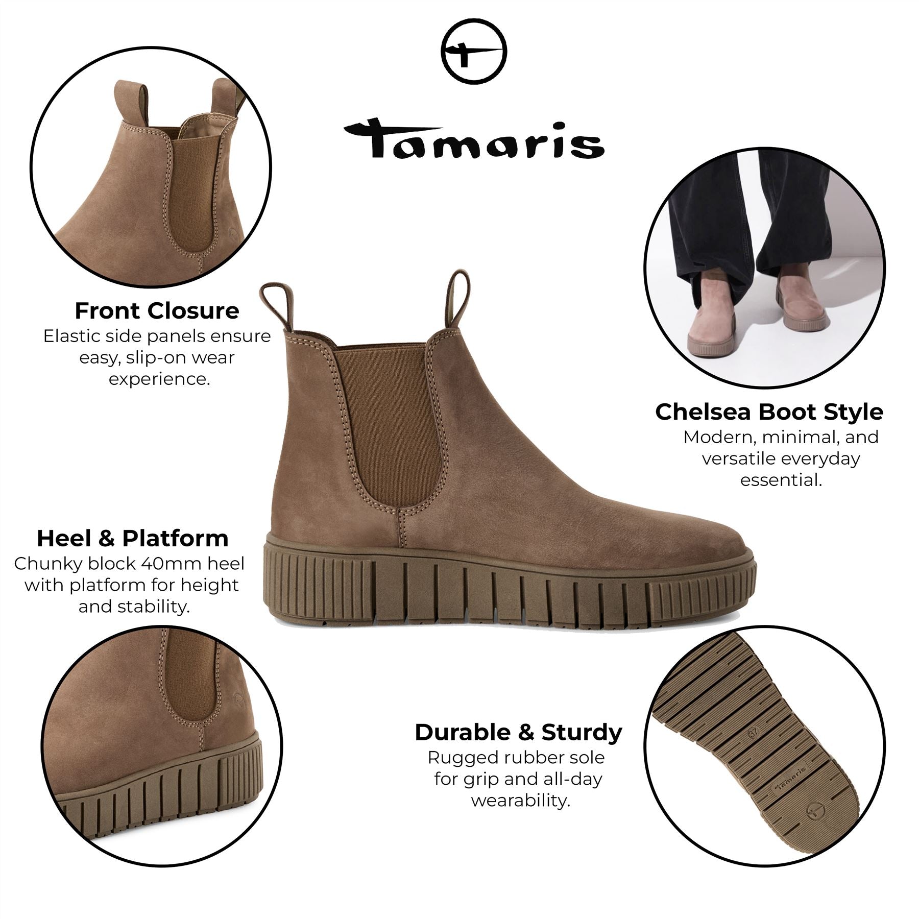 Tamaris Womens Taupe Brown Leather Chelsea Ankle Boots