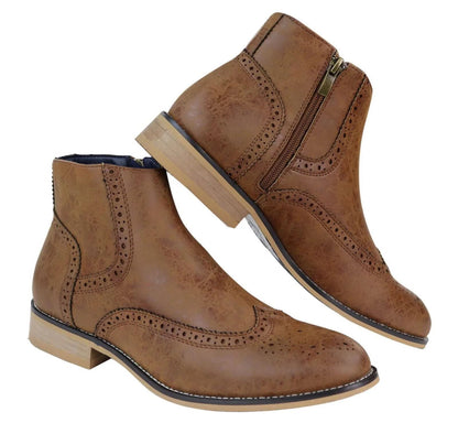 Mens Tan Leather Brogue Zip Up Chelsea Boots