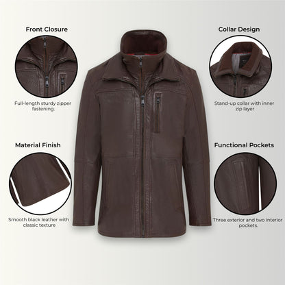 Mens Warm Mid-Length Leather Biker Coat - Sikander