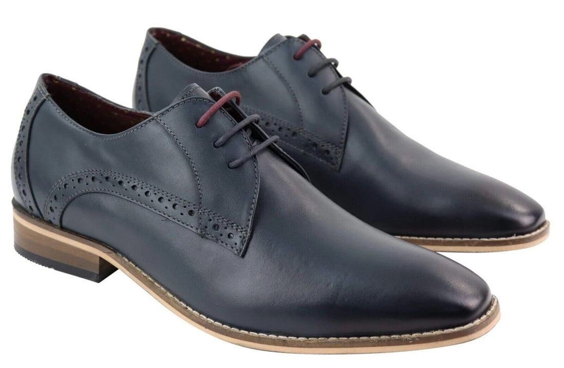 Mens Classic Oxford Brogue Derby Shoes in Navy Blue Leather - Upperclass Fashions 