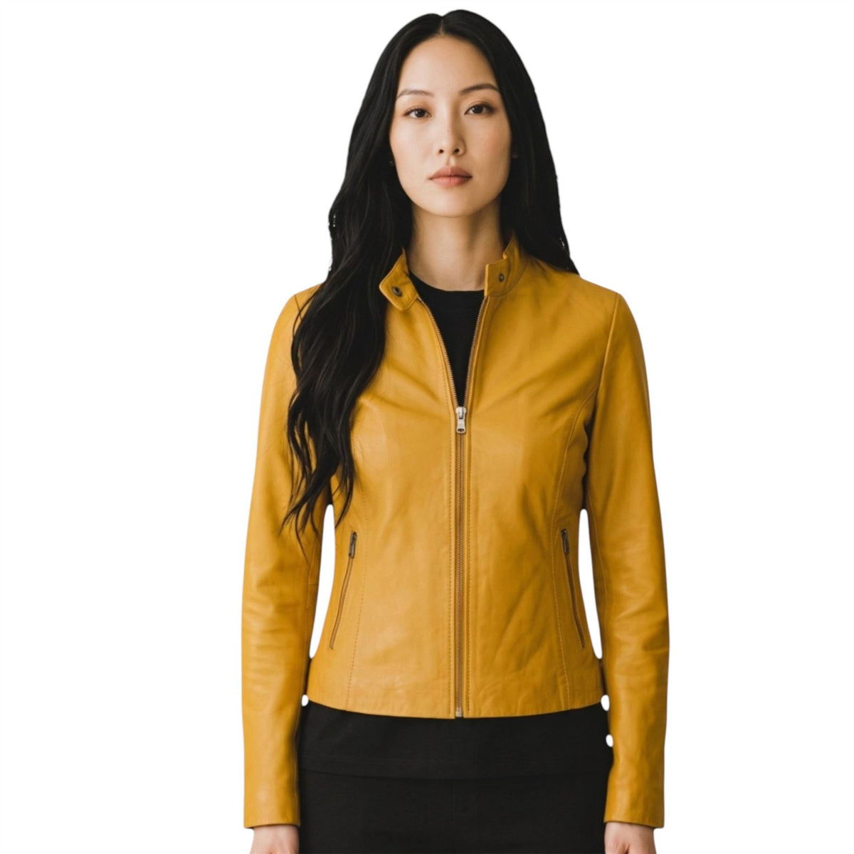 Womens Leather Stand Collar Racer Biker Jacket - 181