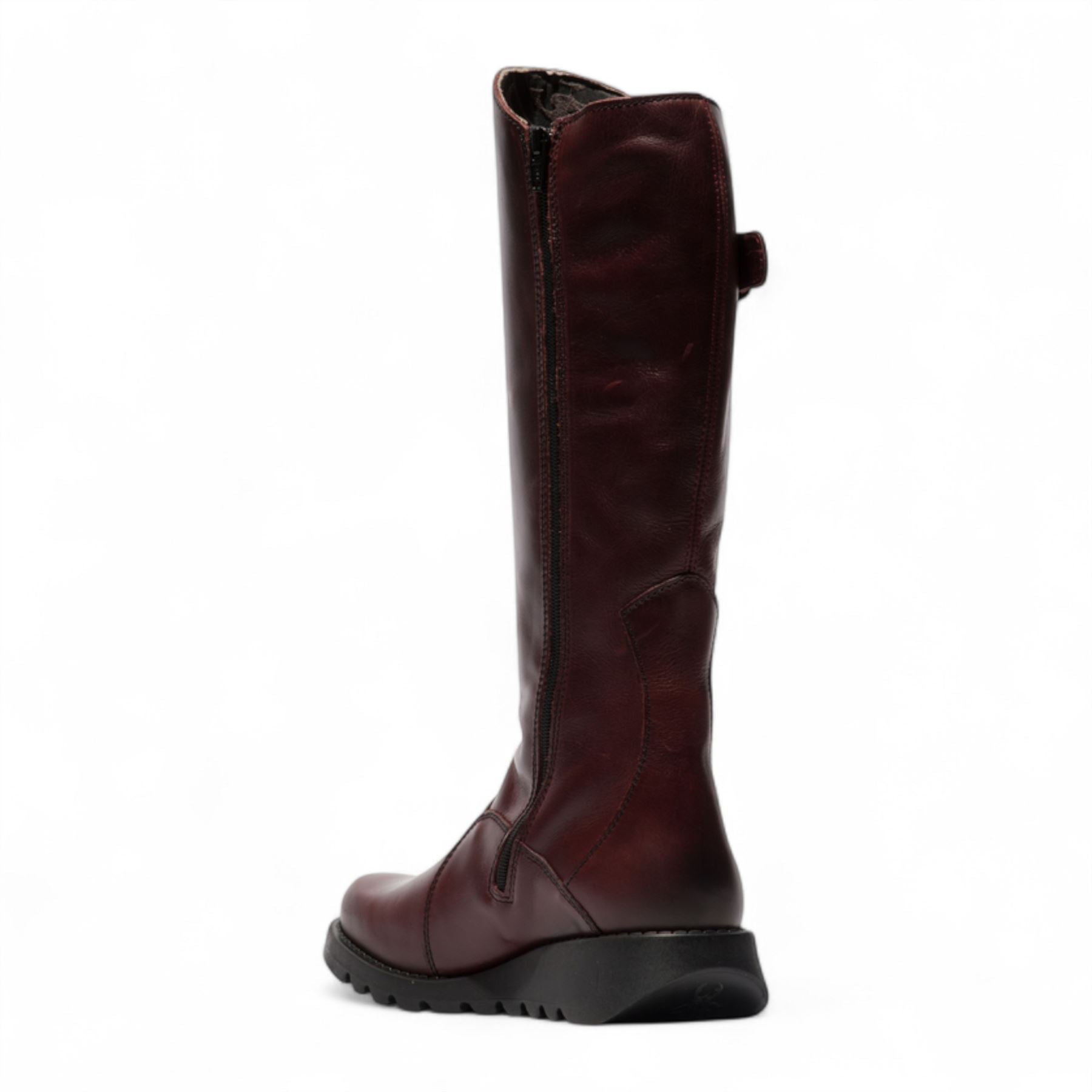 Fly London Womens Wine Burgundy MOL 2 Leather Wedge Heel Knee High Zip Up Boots