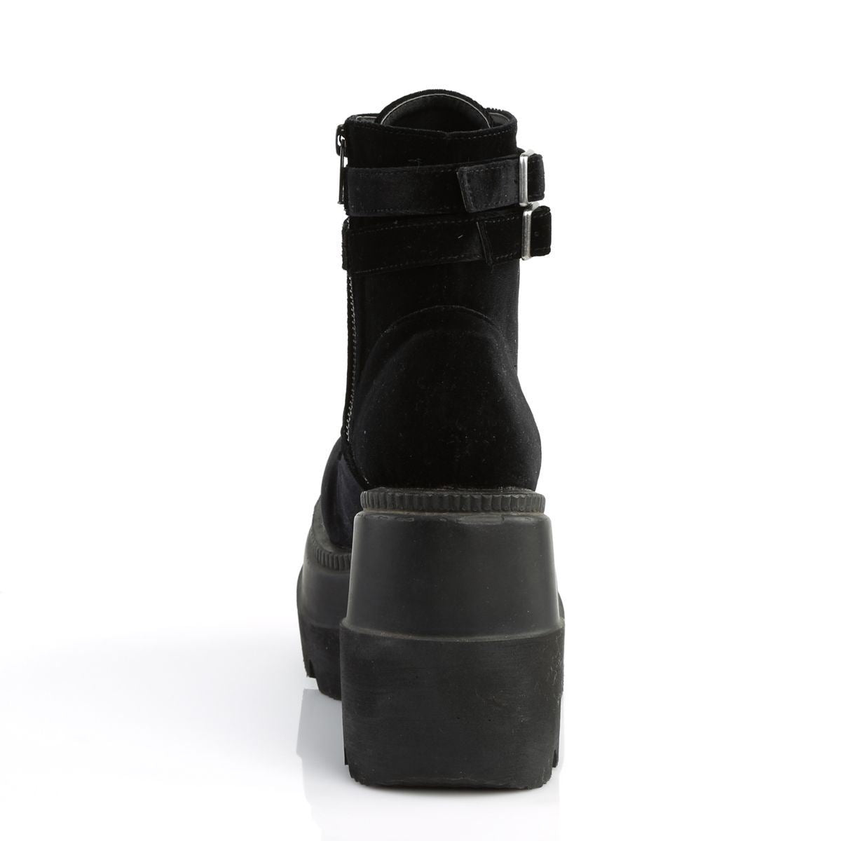 Demonia Shaker 52 Black Velvet Stacked Wedge Ankle Boots