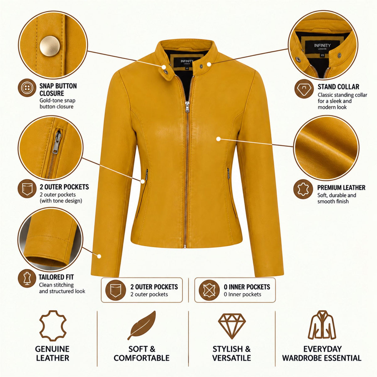 Womens Leather Stand Collar Racer Biker Jacket - 181