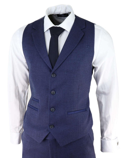 Mens Navy Blue 3 Piece Tweed Herringbone Suit Peaky Blinders Classic Tailored
