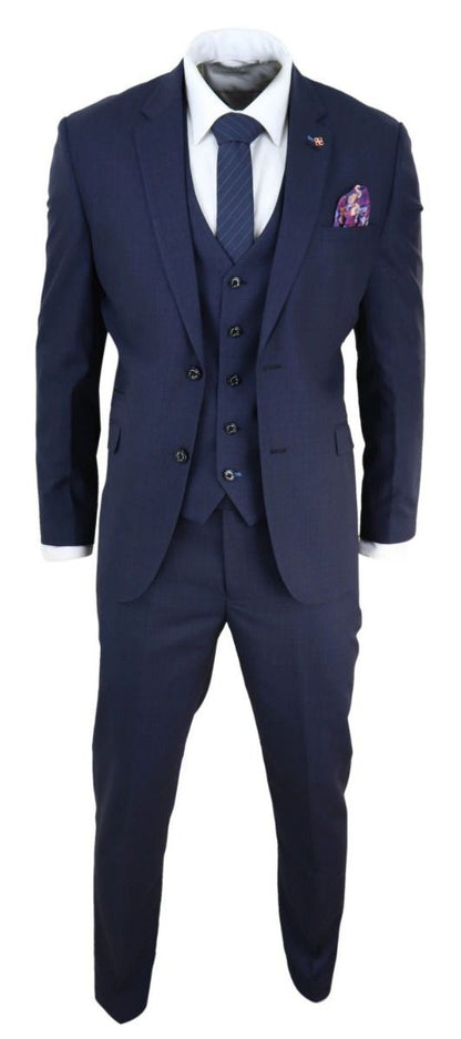 Mens 3 Piece Navy Blue Tailored Fit Retro Classic Suit