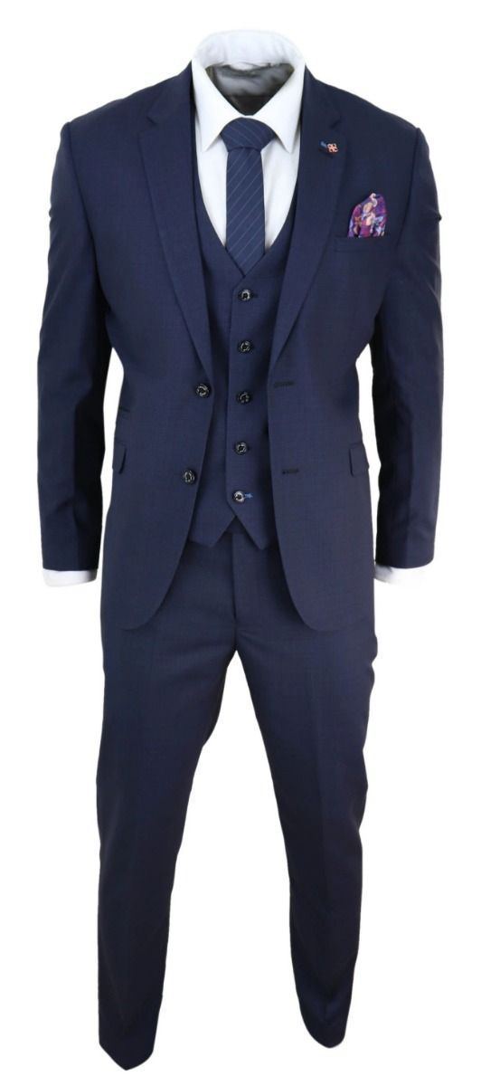 Mens 3 Piece Navy Blue Tailored Fit Retro Classic Suit - Upperclass Fashions 