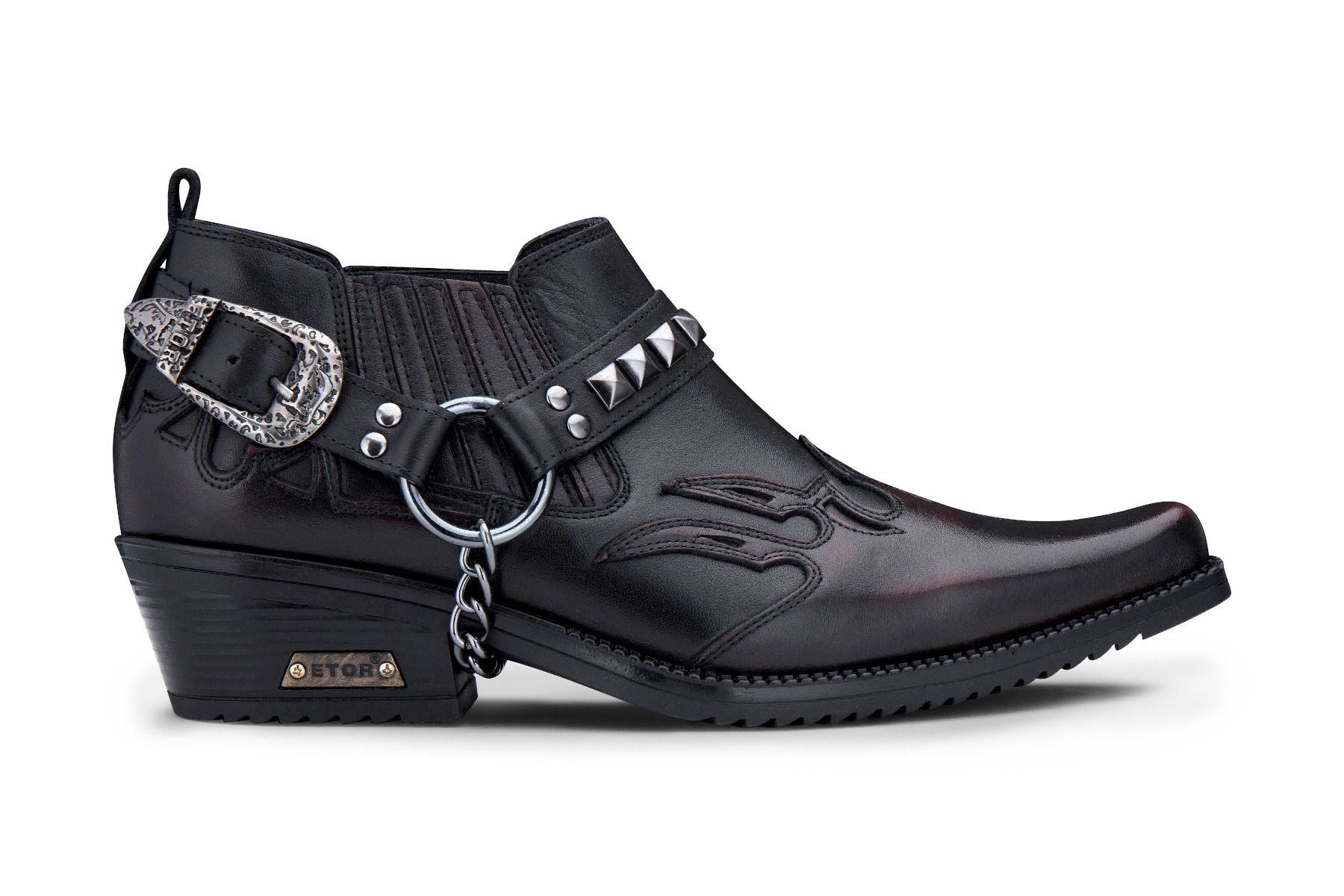 Men’S Black Leather Winklepicker Studded Western Biker Boots