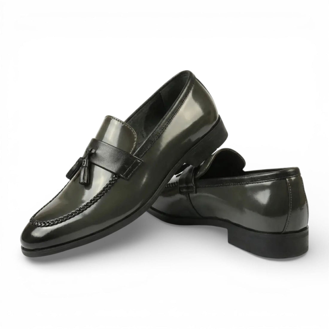 Mens Olive Tassel High-Gloss Patent Faux Leather Formal Loafers Shoes