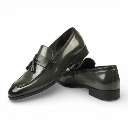 Mens Olive Tassel High-Gloss Patent Faux Leather Formal Loafers Shoes