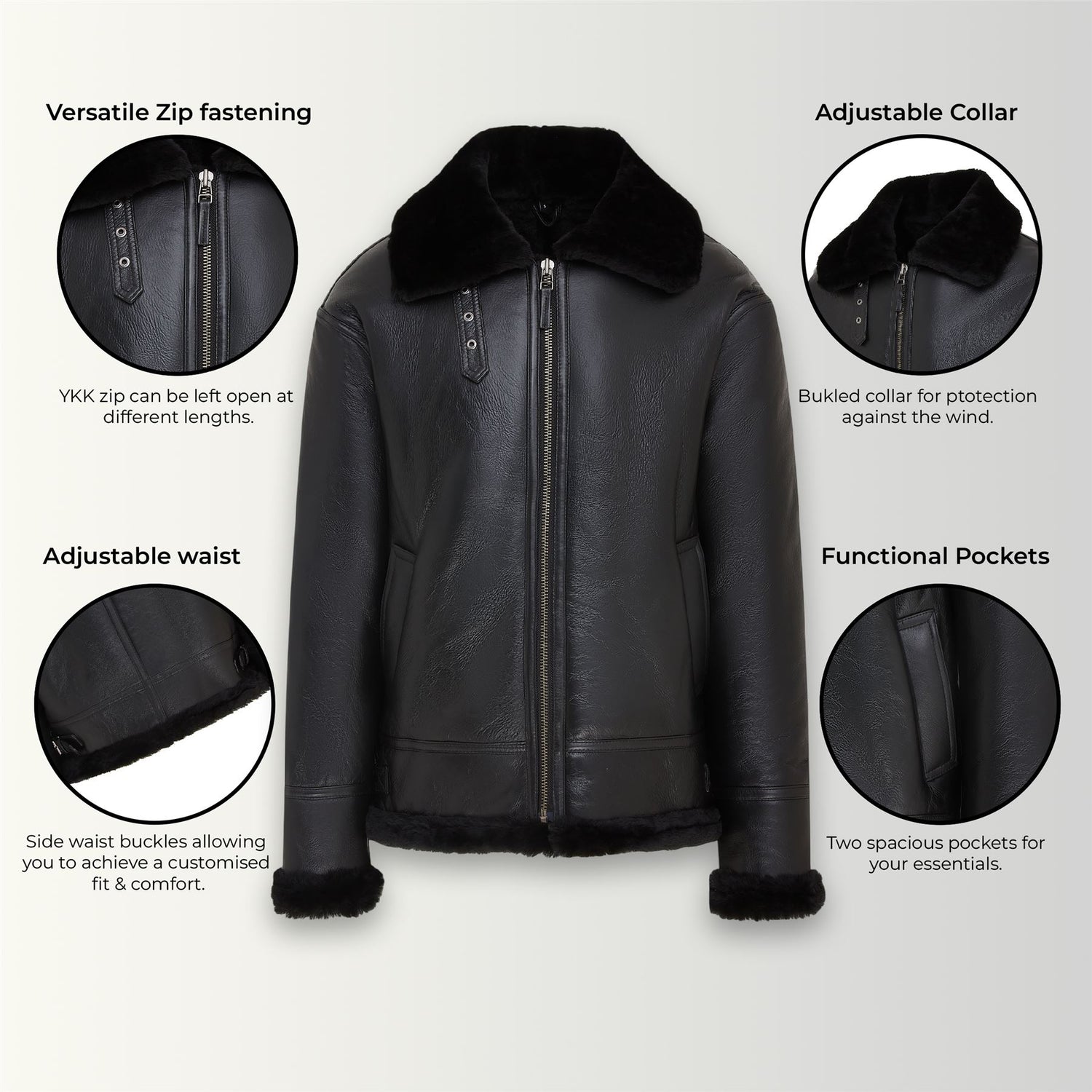 Mens Warm Sheepskin Aviator Zip-Up Flight Jacket-Harrogate