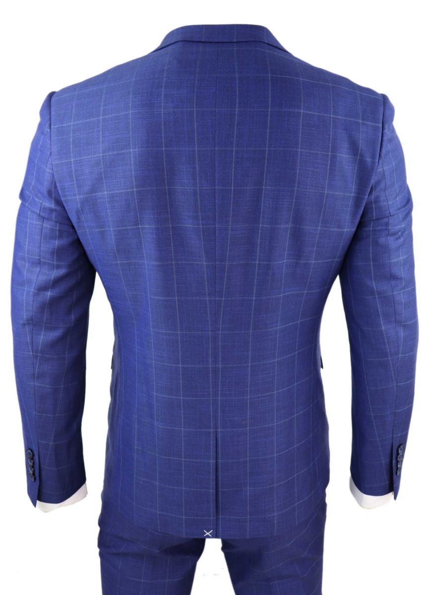 Mens 3 Piece Royal Blue Check Vintage Retro Suit - Upperclass Fashions 