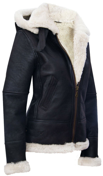 Womens Warmer Hooded Sheepskin Leather Jacket-Orford