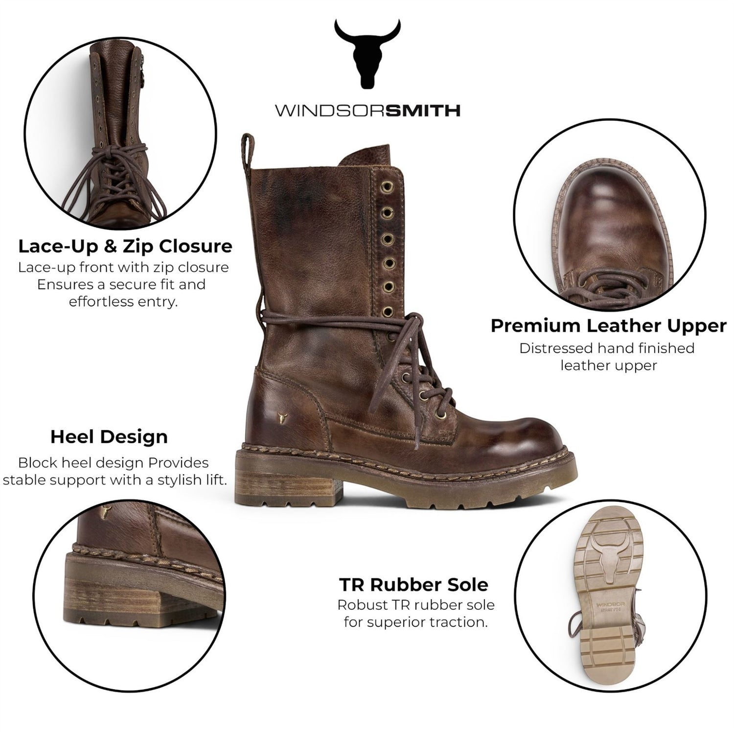Windsorsmith Women’s Brown Leather Lace-Up Combat Boots - Intermission