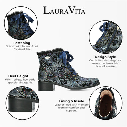 Laura Vita Emcmao-45 Blue Floral Womens Gothic Victorian Leather Ankle Heeled Boots
