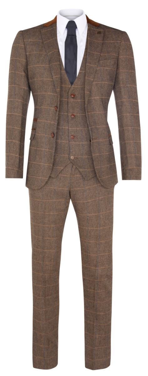 Mens 3 Piece Tan Tweed Check Suit