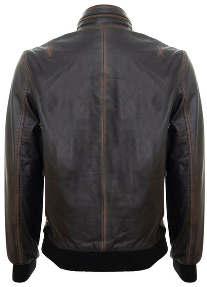 Mens Zipped Leather Bomber Biker Jacket-Barnet