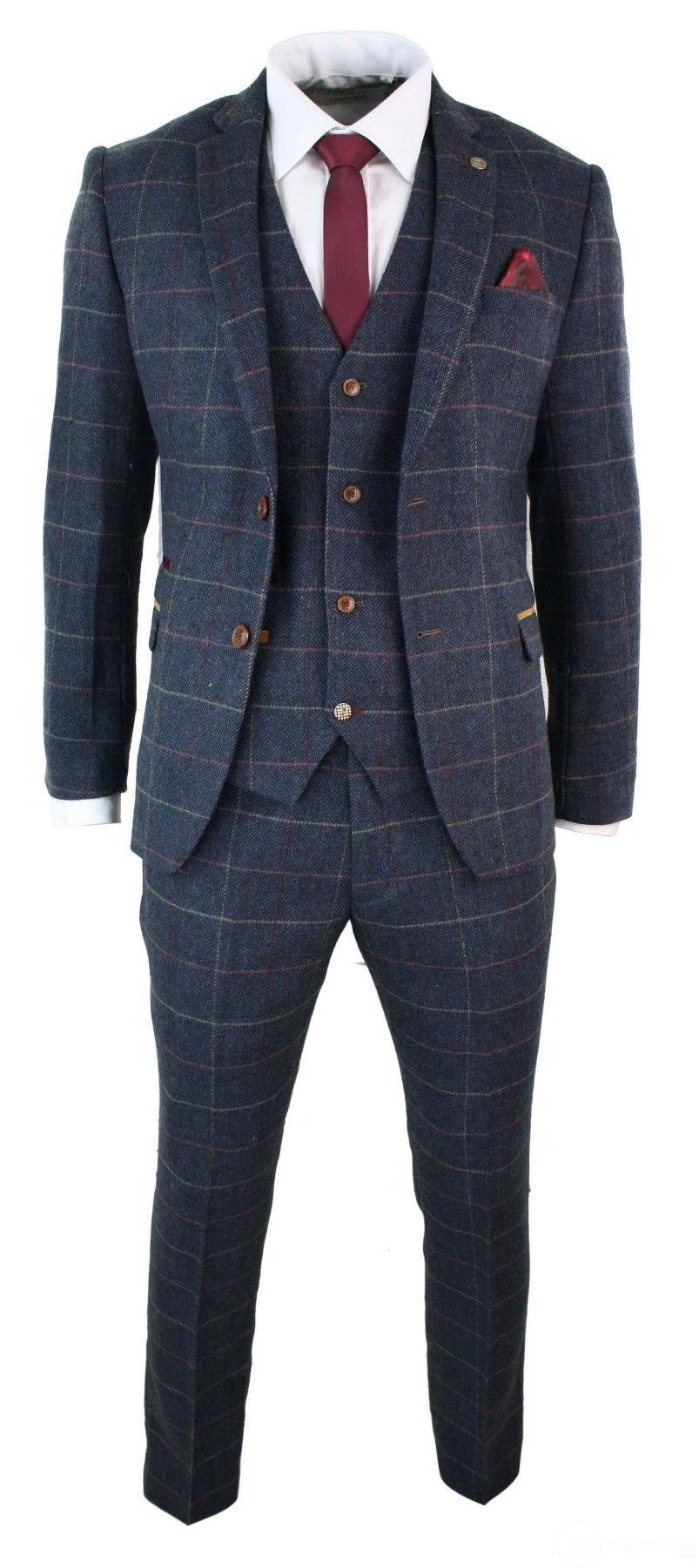 Mens 3 Piece Navy Blue Herringbone Check Vintage Suit - Upperclass Fashions 