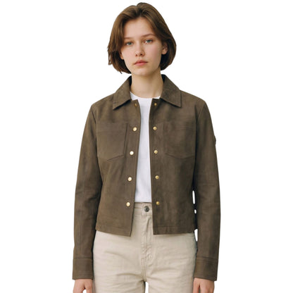Womens Leather Shacket Collar Jacket - Lofar