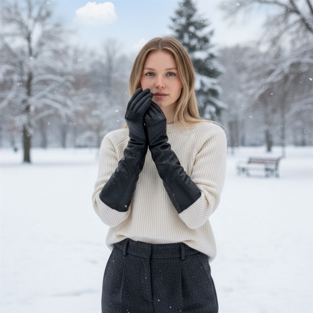 Womens Long Italian Leather Winter Soft Wool Lining Gloves