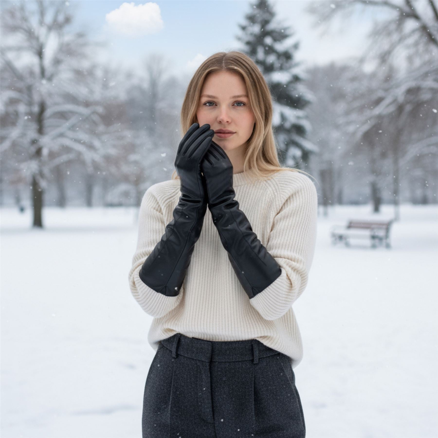 Womens Long Italian Leather Winter Soft Wool Lining Gloves