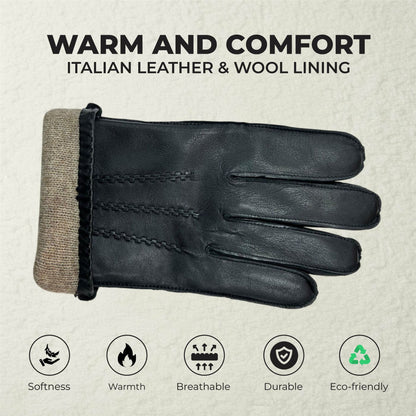 Men’s Italian Leather Warm Wool Lining Winter Stich Design Gloves - M-LGV-205