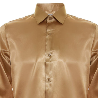 Mens Gold Satin Silk Shirt Smart Casual Button Down Cuff Tailored Fit