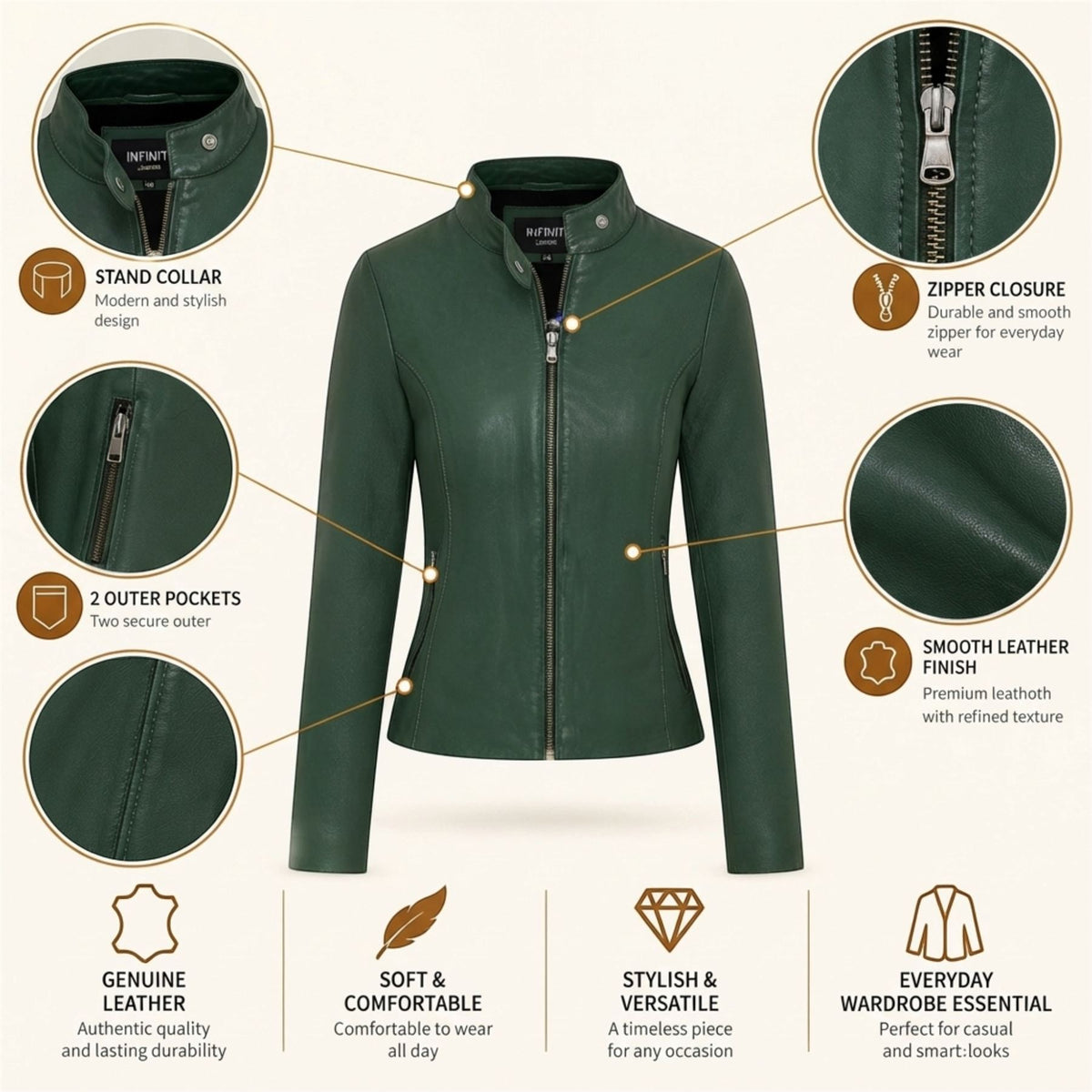 Womens Leather Stand Collar Racer Biker Jacket - 181