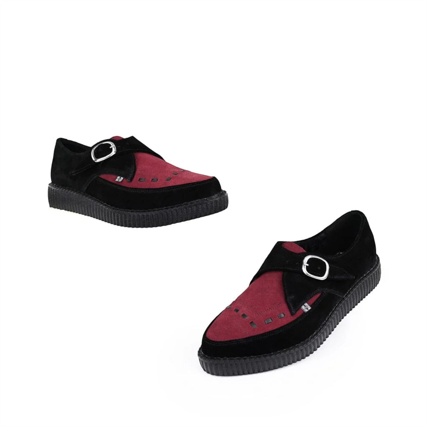 TUK Pointed Creeper Black Burgundy Suede Monk Buckle Platform Shoes - A9592