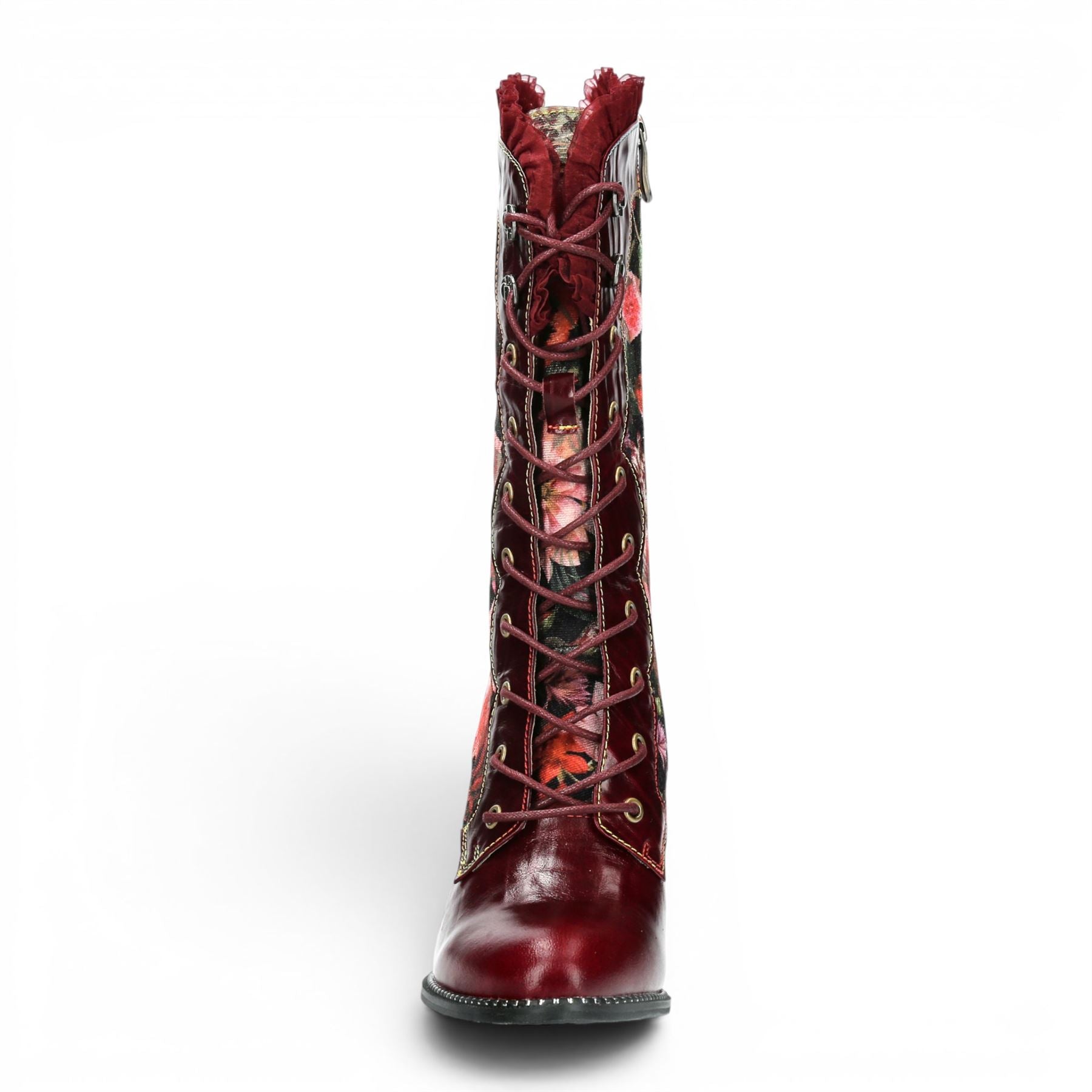 Laura Vita Floral Womens Goth Victorian Red Leather Heeled High Boots - Alcbane-351