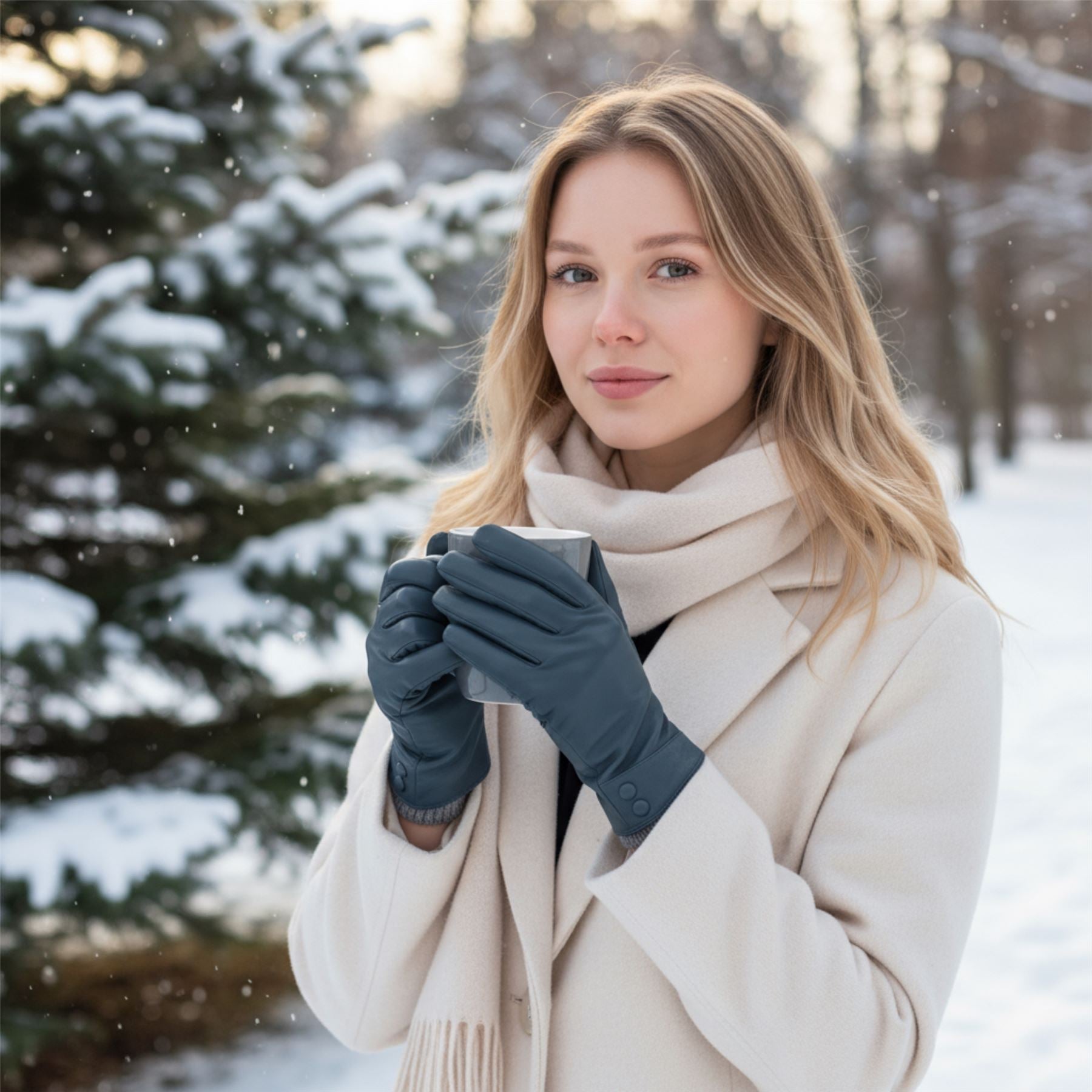 Womens Italian Leather Winter Button Design Soft Wool Lining Gloves - L-GLV-501