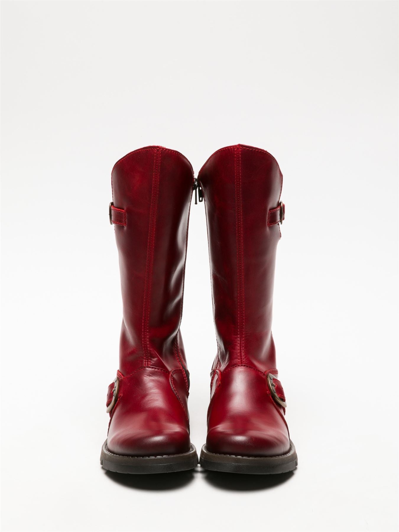 Fly London Womens Red MES 2 Wedge Heel Buckle Mid-Calf Leather Zip Platform Boots