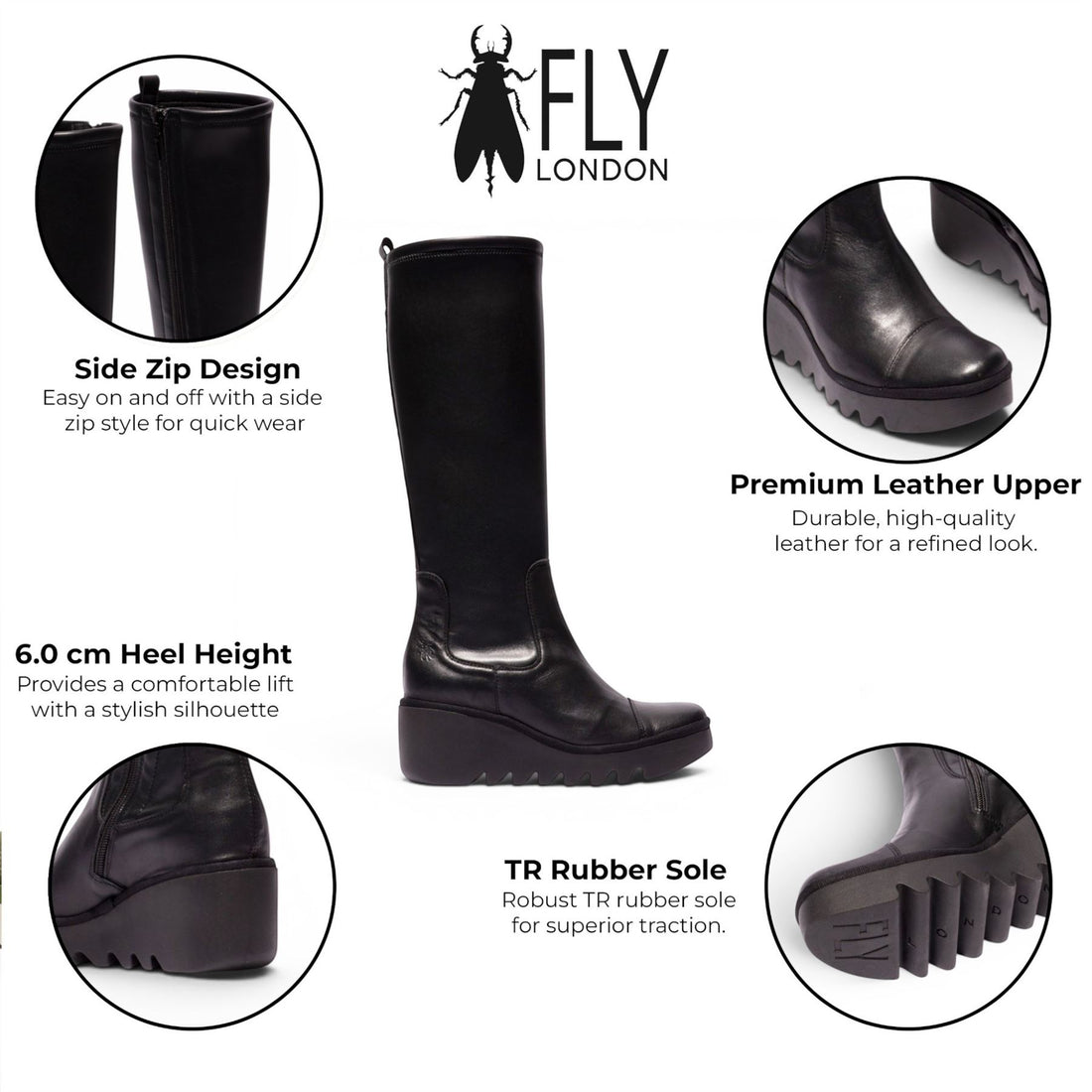 Fly London Womens Black Leather High Wedge Heel Long Boots - BUDI603