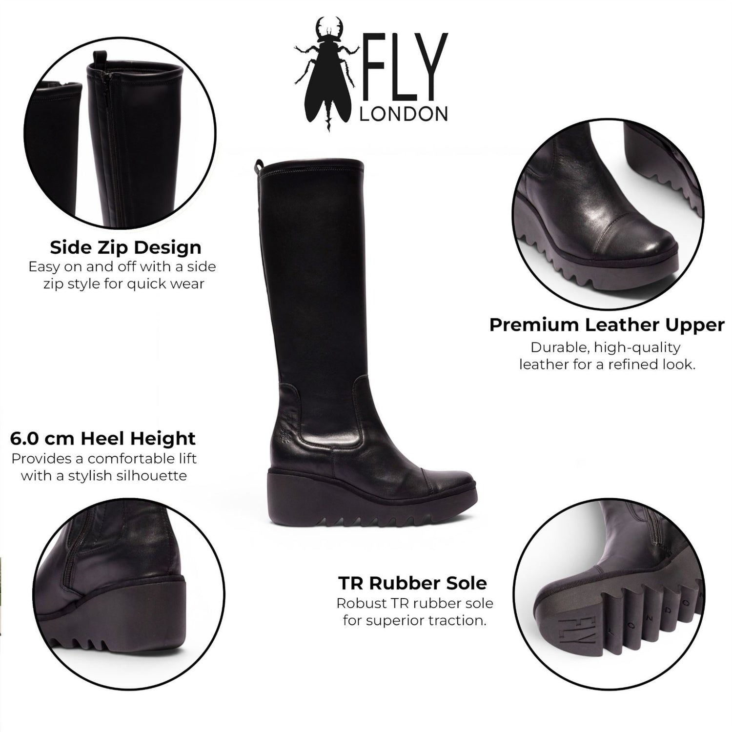 Fly London Womens Black Leather High Wedge Heel Long Boots - BUDI603