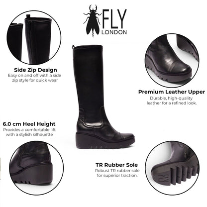 Fly London Womens Black Leather High Wedge Heel Long Boots - BUDI603
