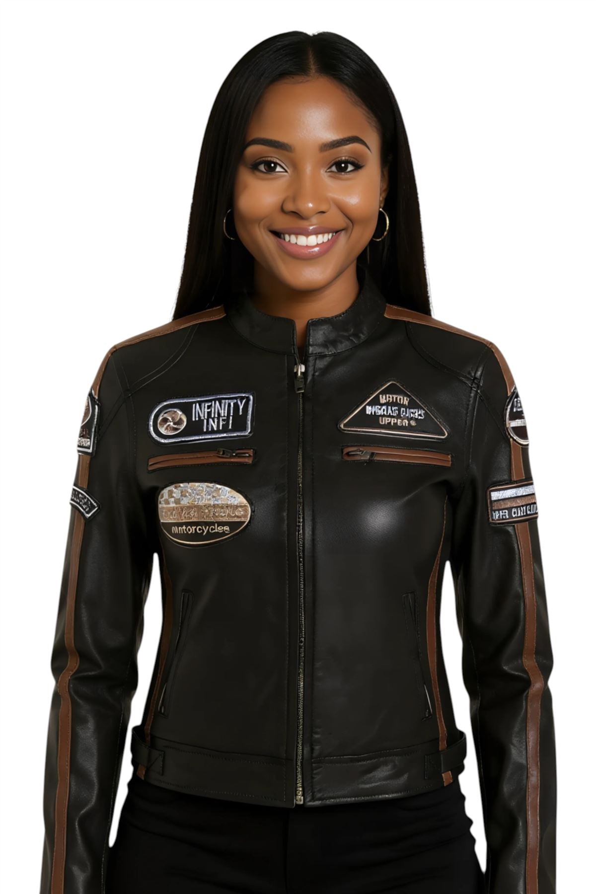 Womens Biker Racing Badges Leather Jacket-Eastleigh