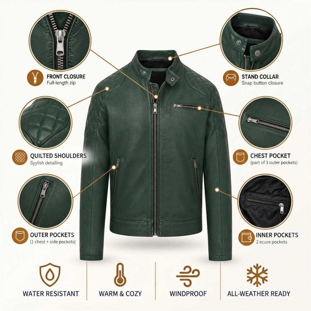Mens Leather Quilted Shoulder Biker Jacket - Rock