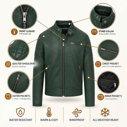 Mens Leather Quilted Shoulder Biker Jacket - Rock